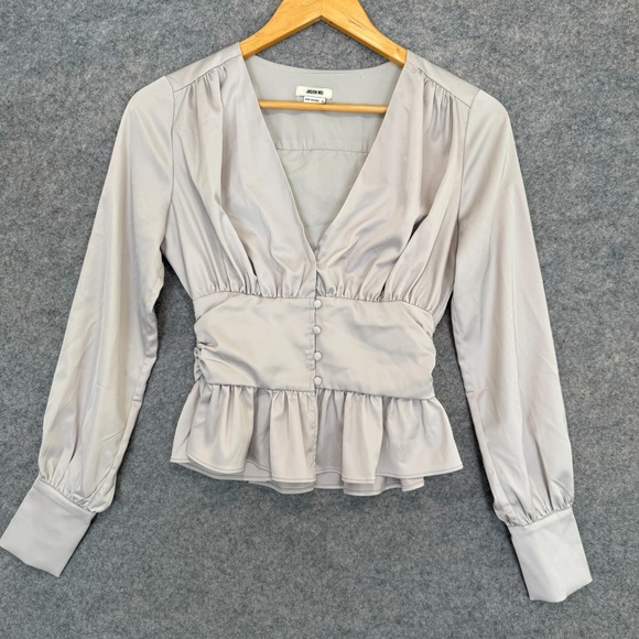 Jason Wu Top Womens XS Front Button Ruffle Peplum Hem Babydoll V Neck Satin Gray - Picture 1 of 12